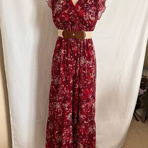 Elegant Red Floral Maternity Belted Maxi Dress